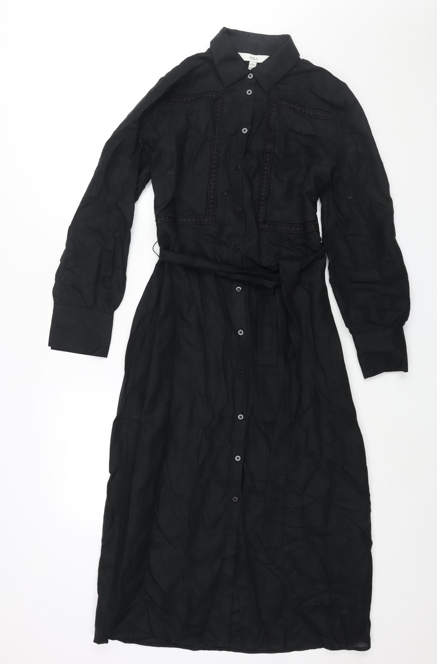 Marks and Spencer Womens Black Linen Shirt Dress Size 8 Collared Button - Belted Lace Detail