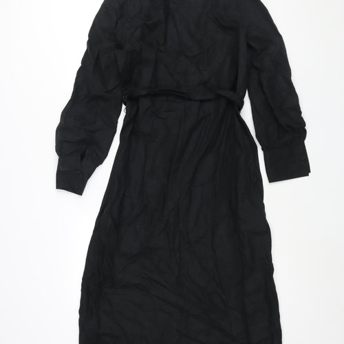 Marks and Spencer Womens Black Linen Shirt Dress Size 8 Collared Button - Belted Lace Detail