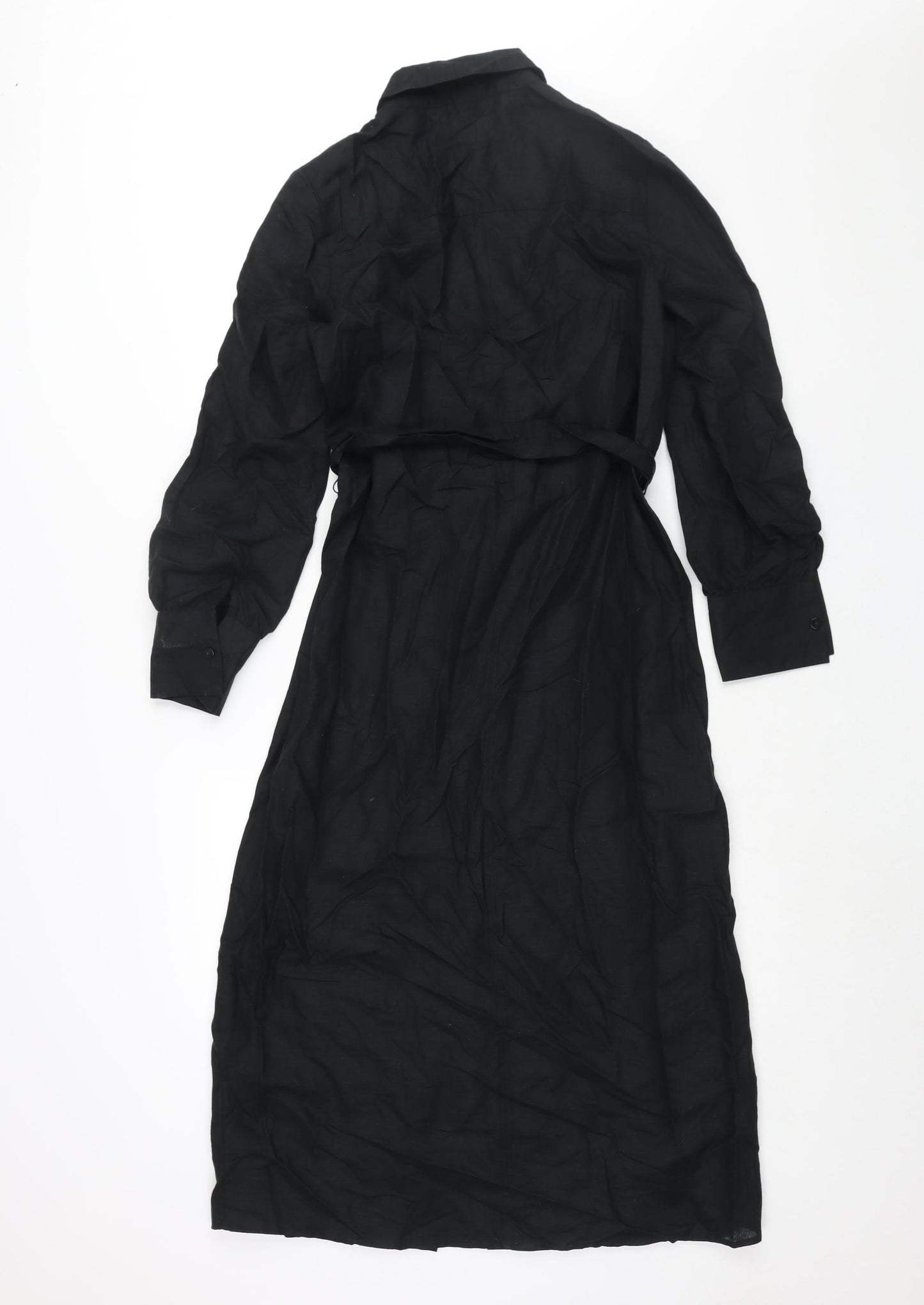 Marks and Spencer Womens Black Linen Shirt Dress Size 8 Collared Button - Belted Lace Detail