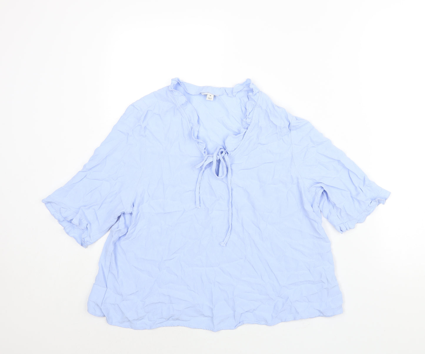 Marks and Spencer Womens Blue Viscose Basic Blouse Size 16 V-Neck - Frill