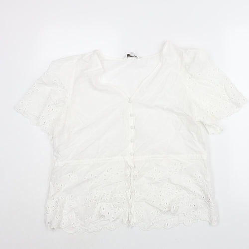 Marks and Spencer Womens White Cotton Basic Blouse Size 14 V-Neck - Drawstring Lace Detail