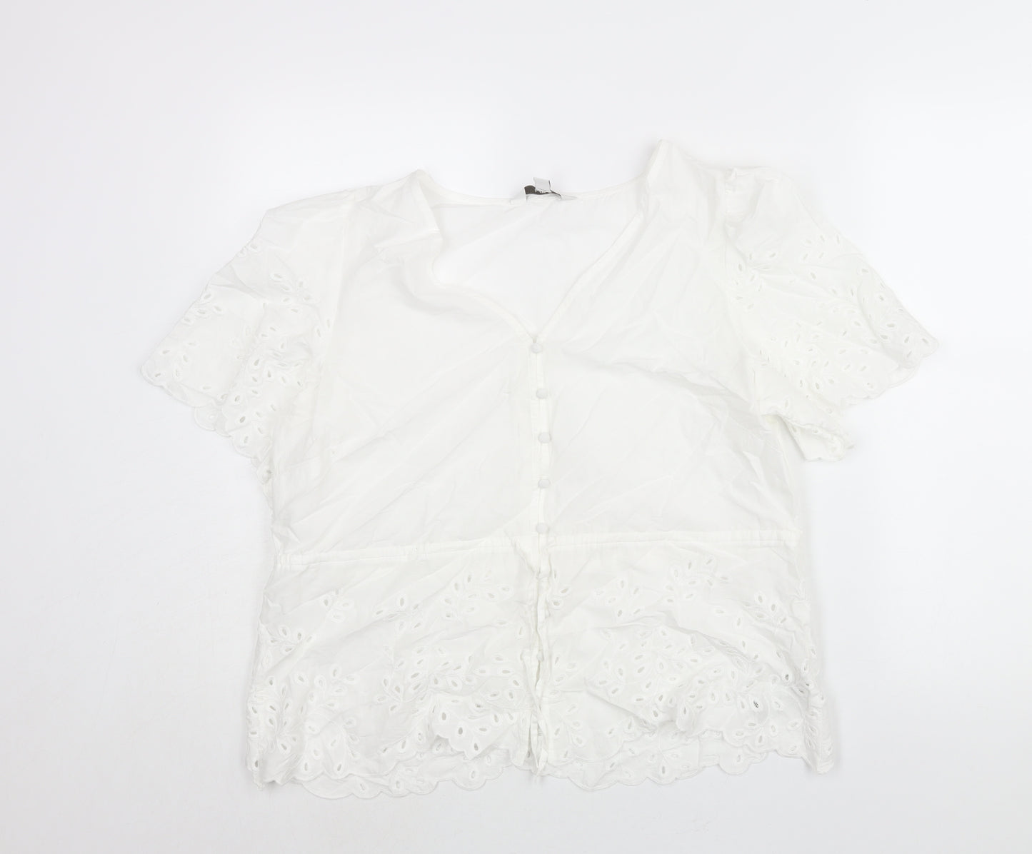 Marks and Spencer Womens White Cotton Basic Blouse Size 14 V-Neck - Drawstring Lace Detail