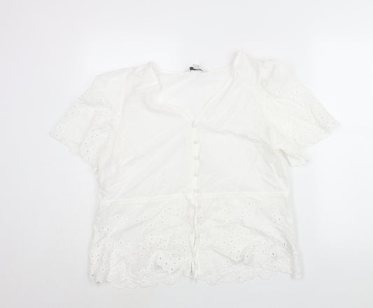 Marks and Spencer Womens White Cotton Basic Blouse Size 14 V-Neck - Drawstring Lace Detail