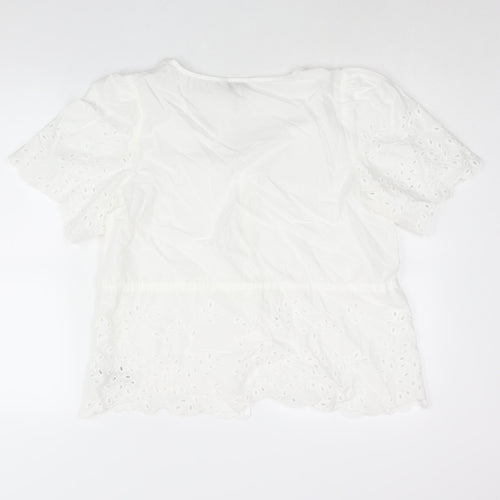 Marks and Spencer Womens White Cotton Basic Blouse Size 14 V-Neck - Drawstring Lace Detail