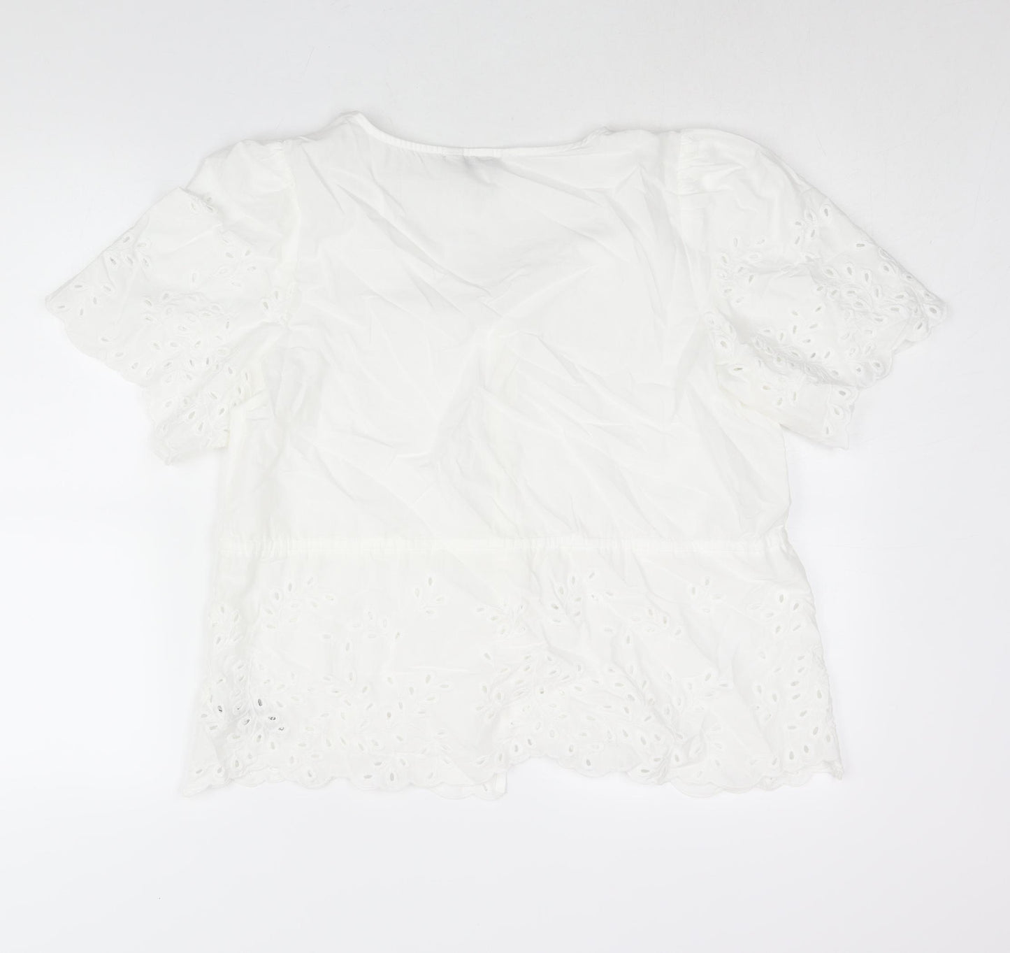 Marks and Spencer Womens White Cotton Basic Blouse Size 14 V-Neck - Drawstring Lace Detail