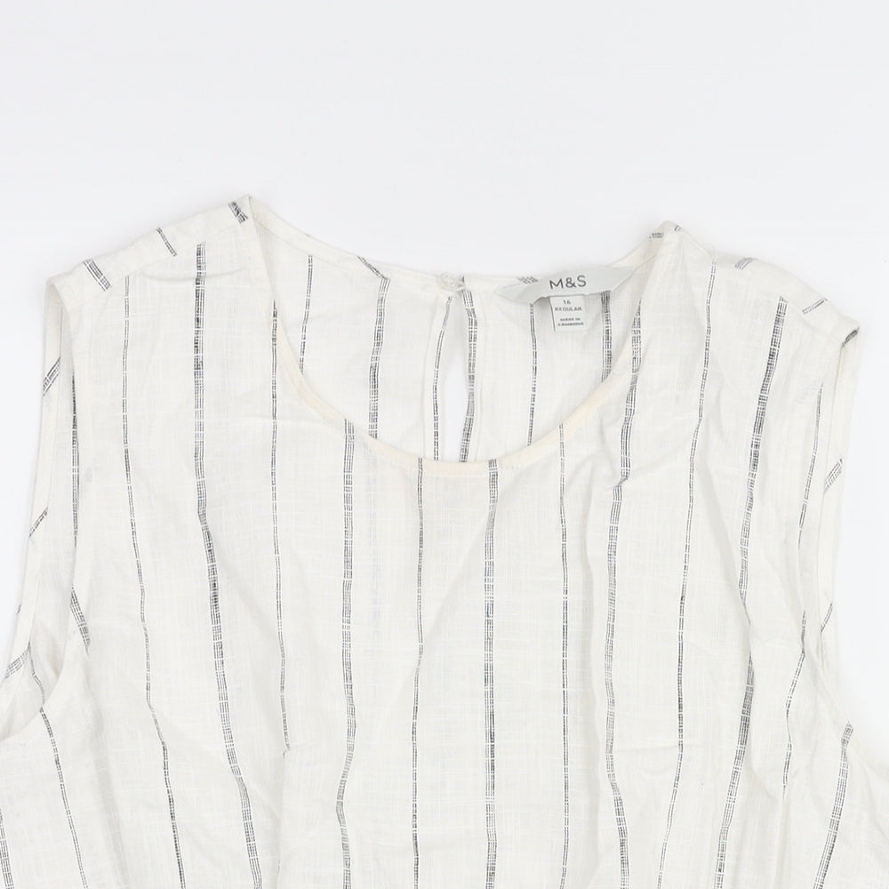 Marks and Spencer Womens White Striped Linen Camisole Blouse Size 16 Round Neck