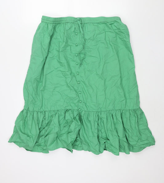 Marks and Spencer Womens Green Cotton A-Line Skirt Size 20 Drawstring - Button Detail Frill