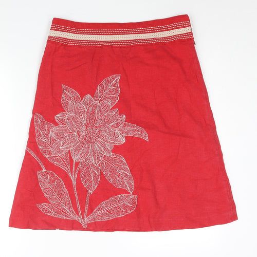 NEXT Womens Red Linen A-Line Skirt Size 12 Zip - Floral Embroidery