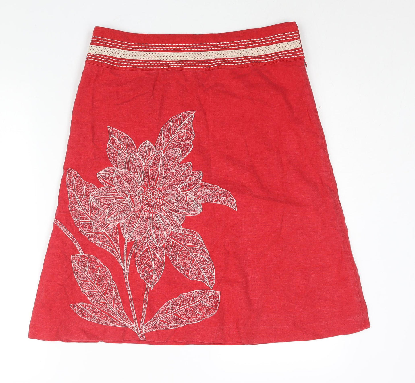 NEXT Womens Red Linen A-Line Skirt Size 12 Zip - Floral Embroidery