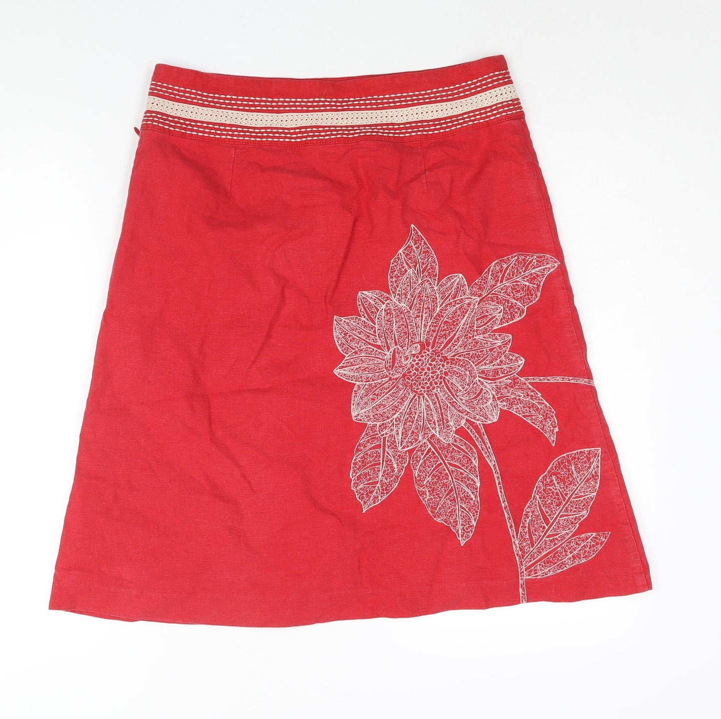 NEXT Womens Red Linen A-Line Skirt Size 12 Zip - Floral Embroidery