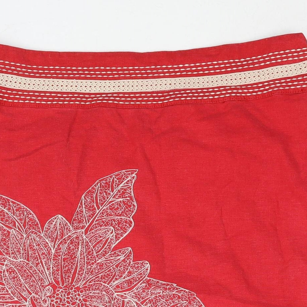 NEXT Womens Red Linen A-Line Skirt Size 12 Zip - Floral Embroidery