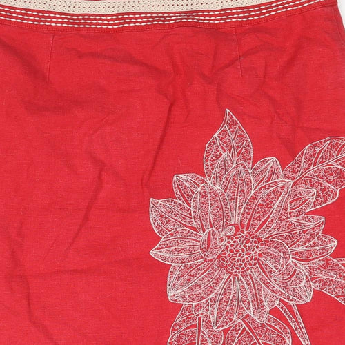 NEXT Womens Red Linen A-Line Skirt Size 12 Zip - Floral Embroidery