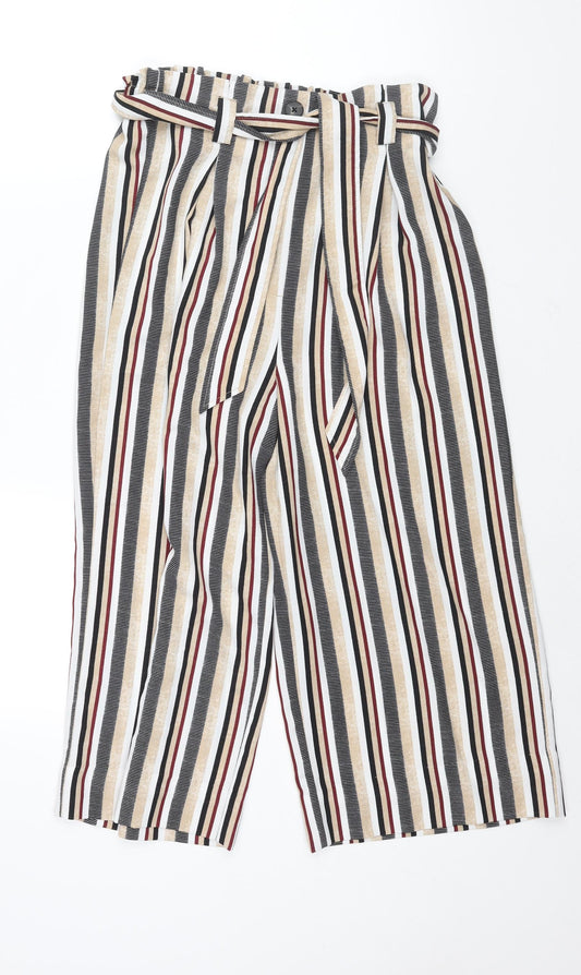 Stradivarius Womens Multicoloured Striped Polyester Cropped Trousers Size M L20 in Regular - Elasticated Waist Belted