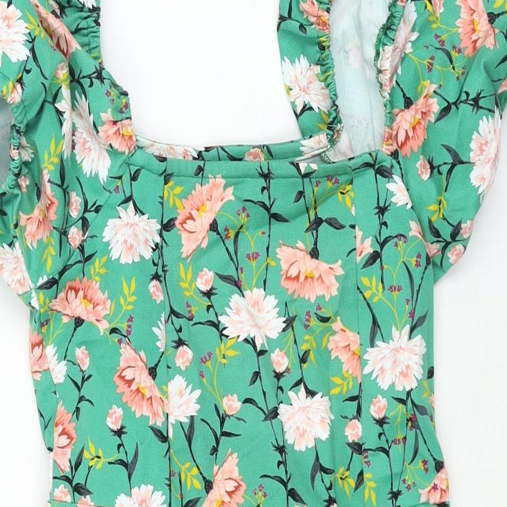 OOTO Womens Green Floral Cotton Mini Size S Square Neck Zip - Belted