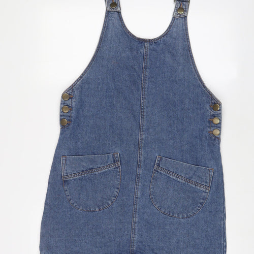 Denim & Co. Womens Blue Cotton Pinafore/Dungaree Dress Size 12 Scoop Neck Button - Pockets