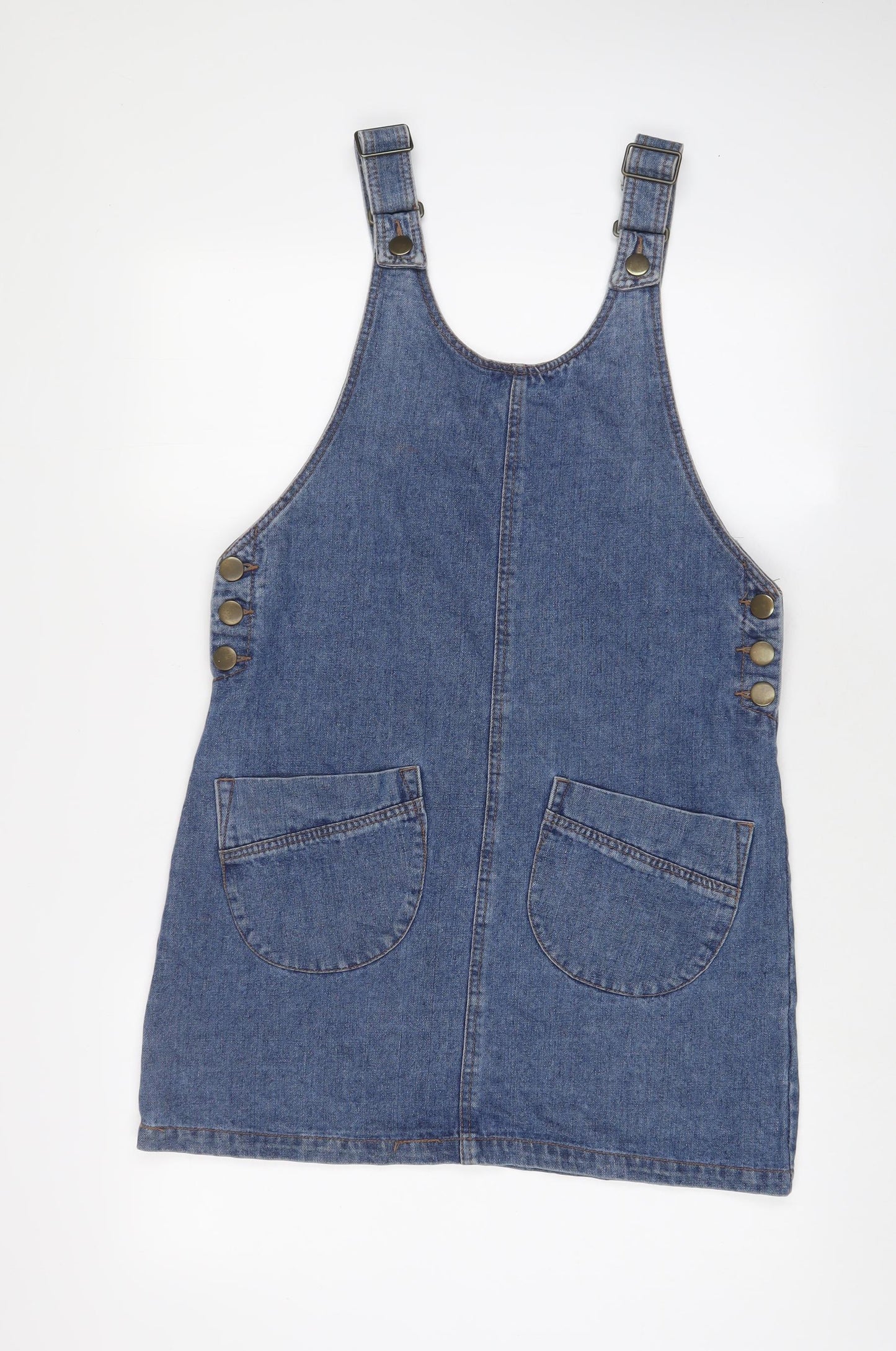 Denim & Co. Womens Blue Cotton Pinafore/Dungaree Dress Size 12 Scoop Neck Button - Pockets