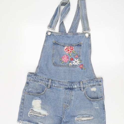 Denim & Co. Womens Blue Floral Cotton Dungaree One-Piece Size 12 L3 in Button - Embroidered