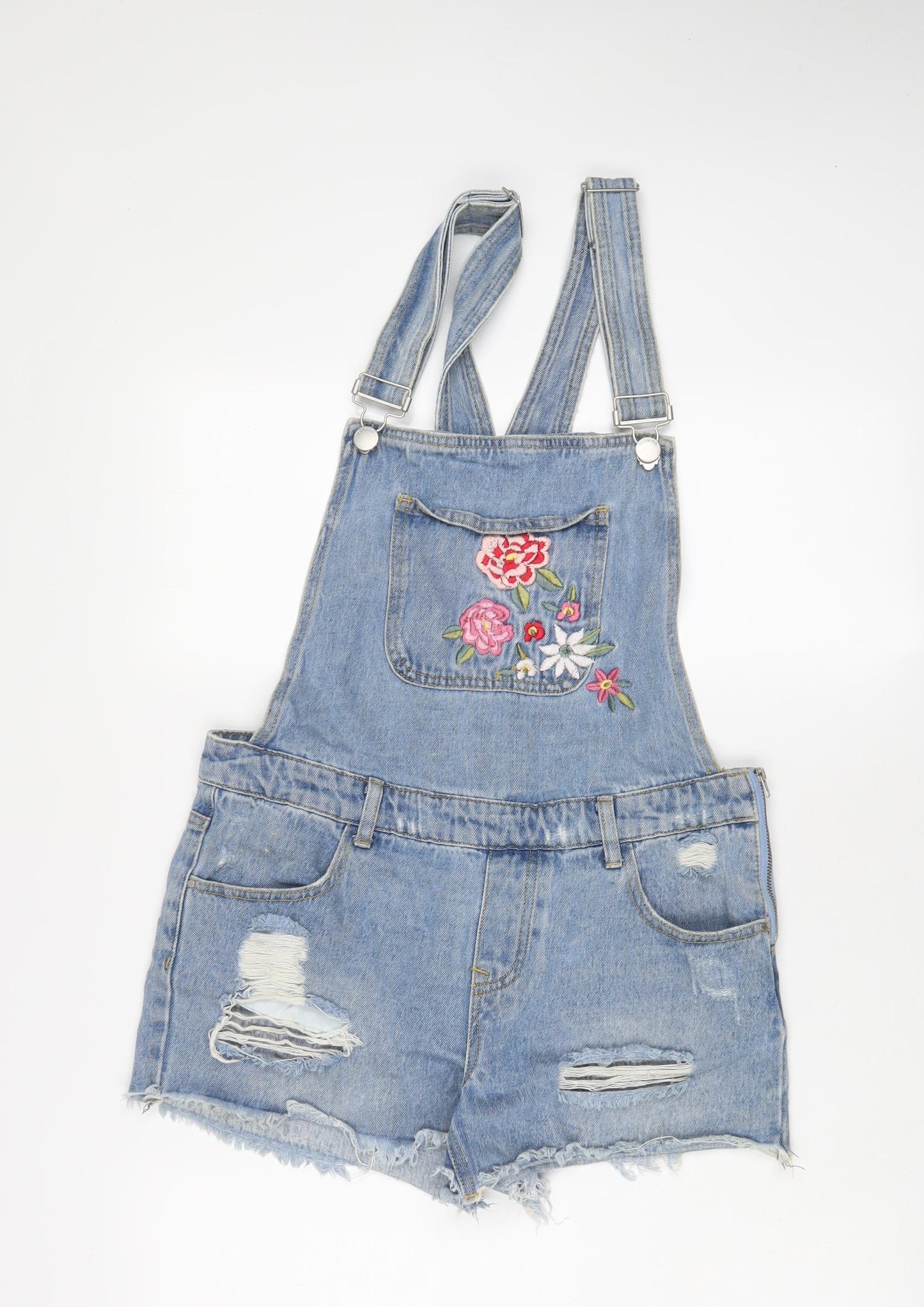 Denim & Co. Womens Blue Floral Cotton Dungaree One-Piece Size 12 L3 in Button - Embroidered