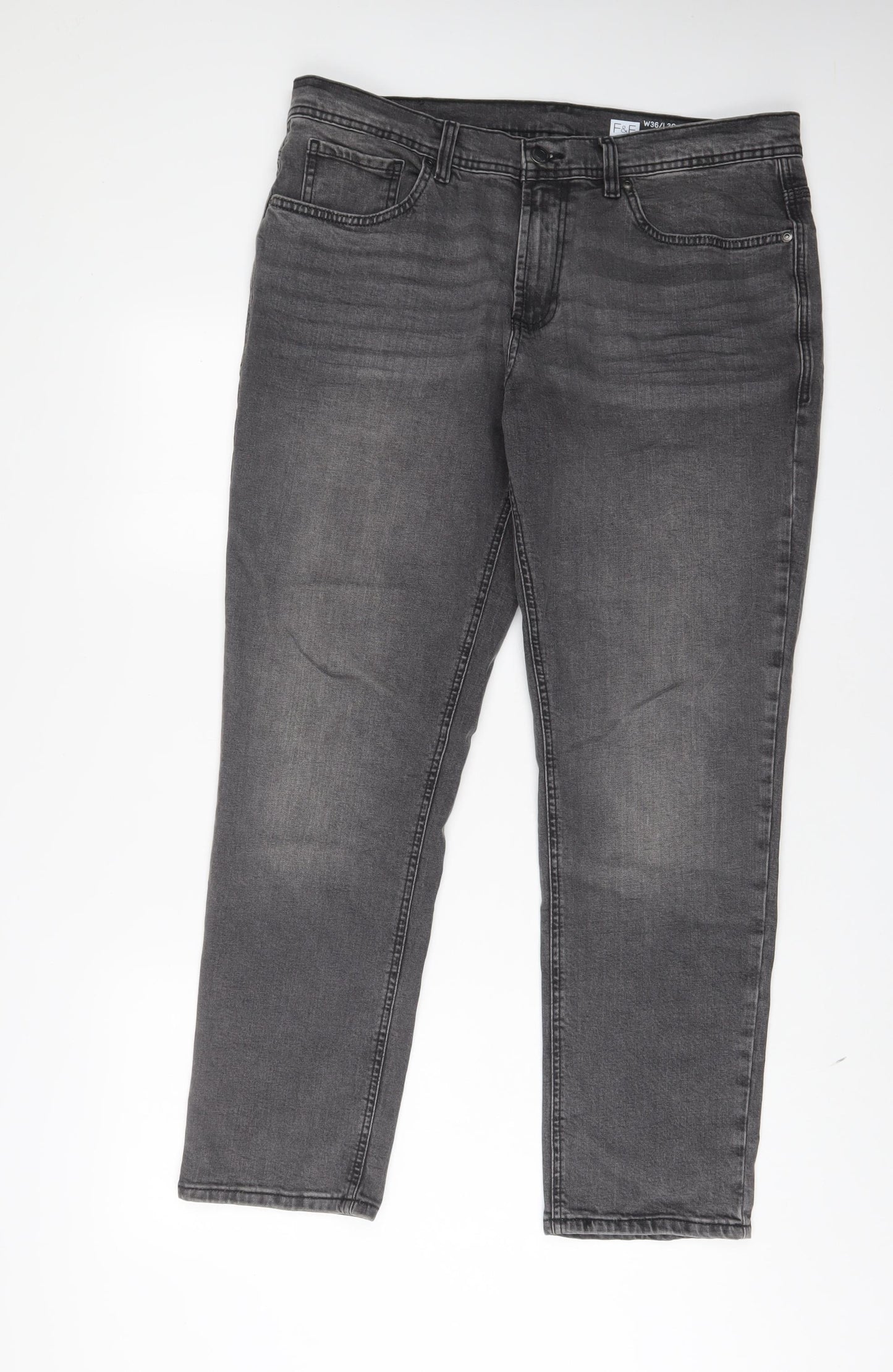 F&F Mens Grey Cotton Straight Jeans Size 36 in L30 in Slim Zip