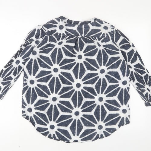 NEXT Womens Blue Geometric Cotton Basic Blouse Size 14 V-Neck - Embroidered