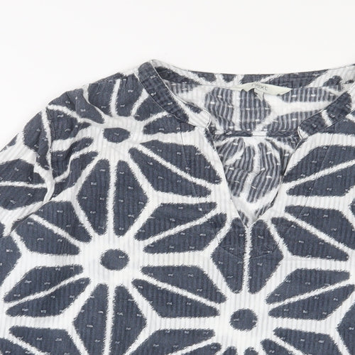 NEXT Womens Blue Geometric Cotton Basic Blouse Size 14 V-Neck - Embroidered