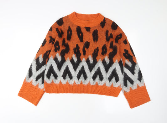 River Island Womens Orange Round Neck Animal Print Acrylic Pullover Jumper Size S