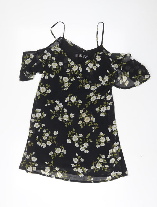 Missguided Womens Black Floral Polyester A-Line Size 8 V-Neck Pullover