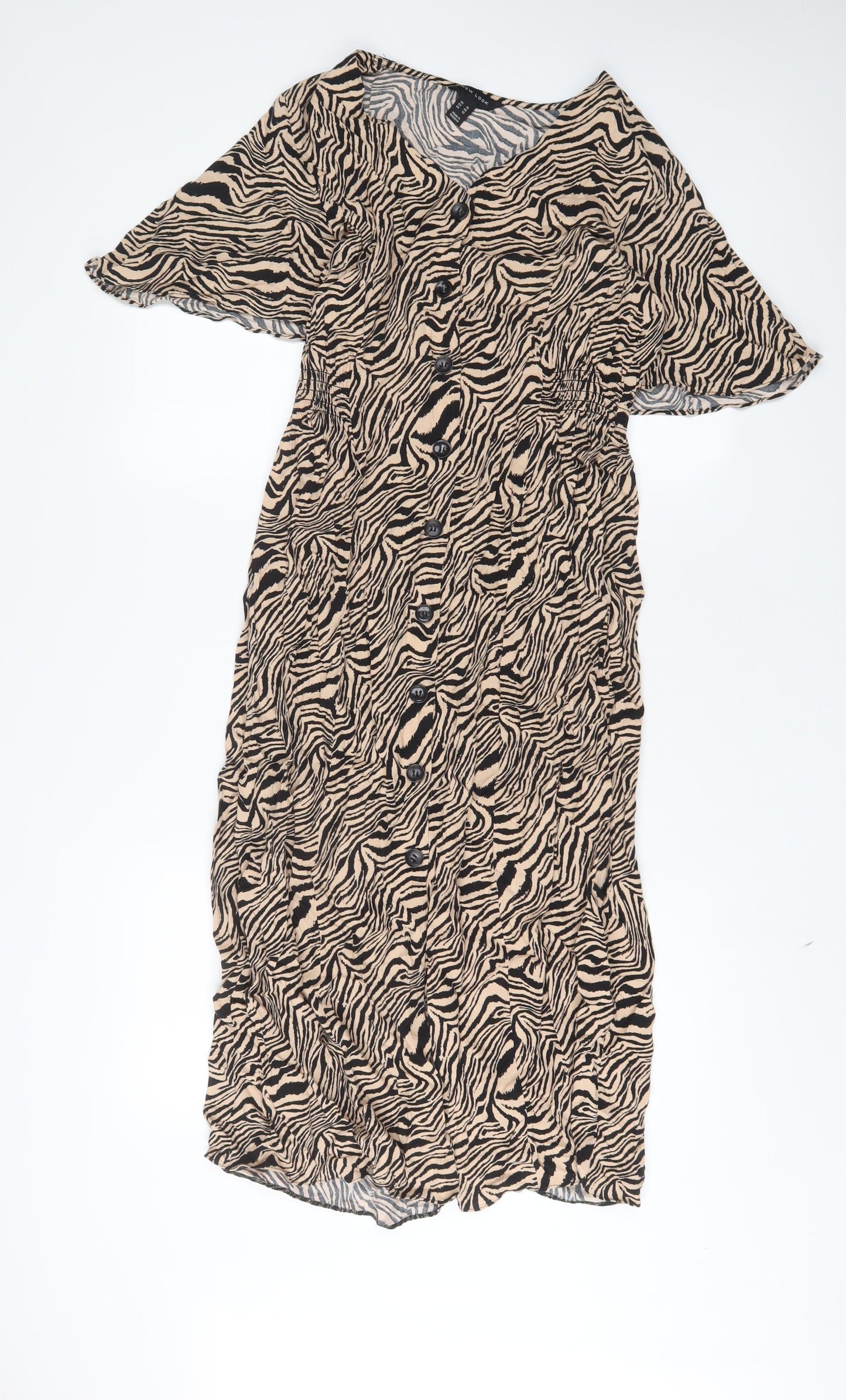 New Look Womens Brown Animal Print Viscose A-Line Size 16 V-Neck Button