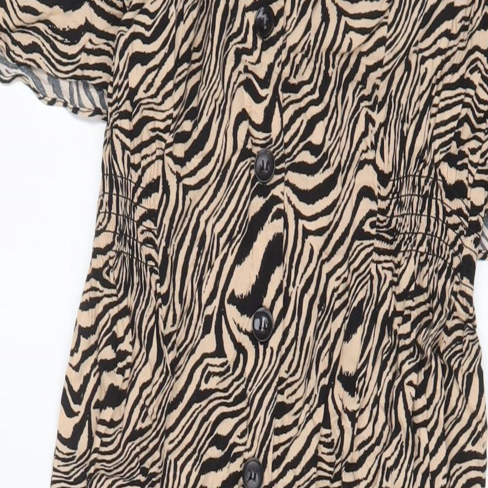 New Look Womens Brown Animal Print Viscose A-Line Size 16 V-Neck Button