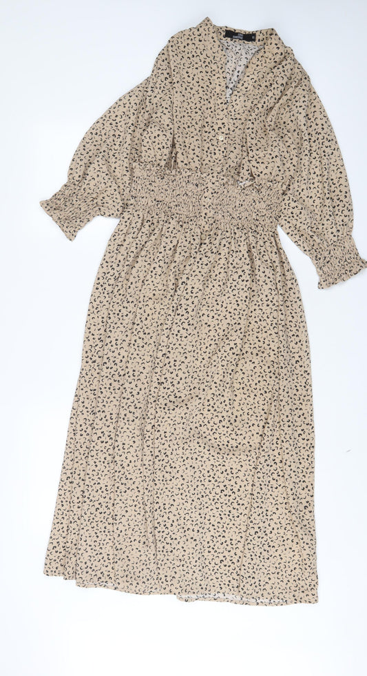 ;OVE SUNSHINE Womens Beige Animal Print Polyester A-Line Size 16 V-Neck Button