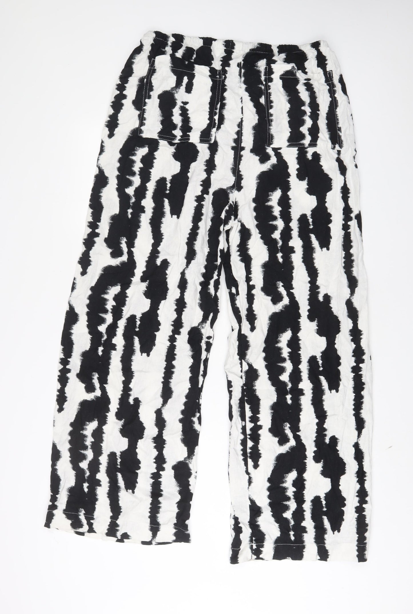 Marks and Spencer Womens White Animal Print Linen Trousers Size 16 L30 in Regular Drawstring