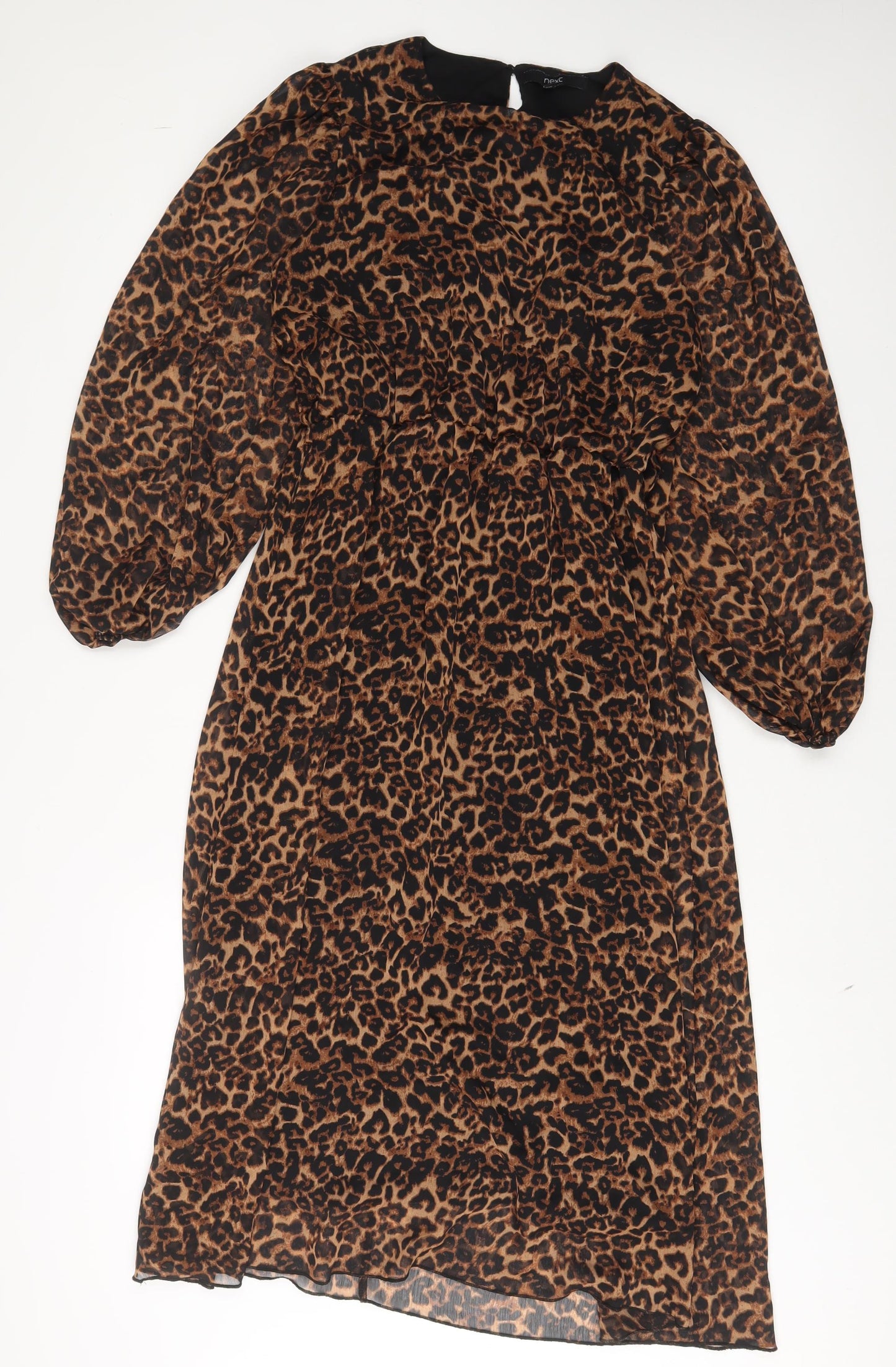 NEXT Womens Brown Animal Print Polyester A-Line Size 12 Boat Neck Button