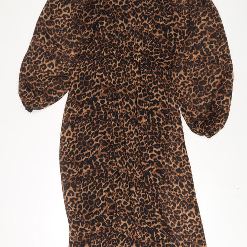 NEXT Womens Brown Animal Print Polyester A-Line Size 12 Boat Neck Button