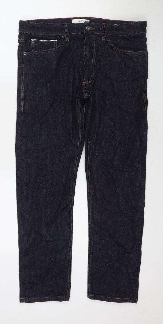 Marks and Spencer Mens Blue Cotton Straight Jeans Size 32 in L29 in Regular Zip