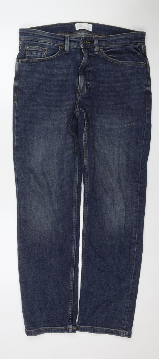 Marks and Spencer Mens Blue Cotton Straight Jeans Size 32 in L29 in Regular Zip - Short