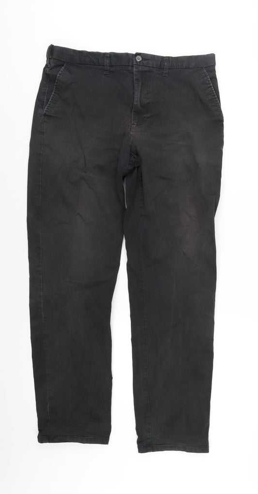 Marks and Spencer Mens Black Cotton Chino Trousers Size 36 in L33 in Regular Zip