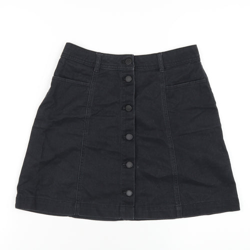 H&M Womens Black Cotton A-Line Skirt Size 8 Button