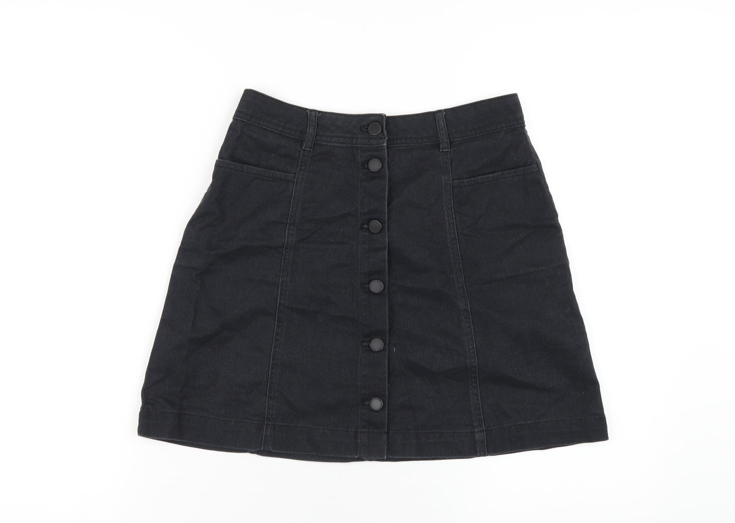 H&M Womens Black Cotton A-Line Skirt Size 8 Button