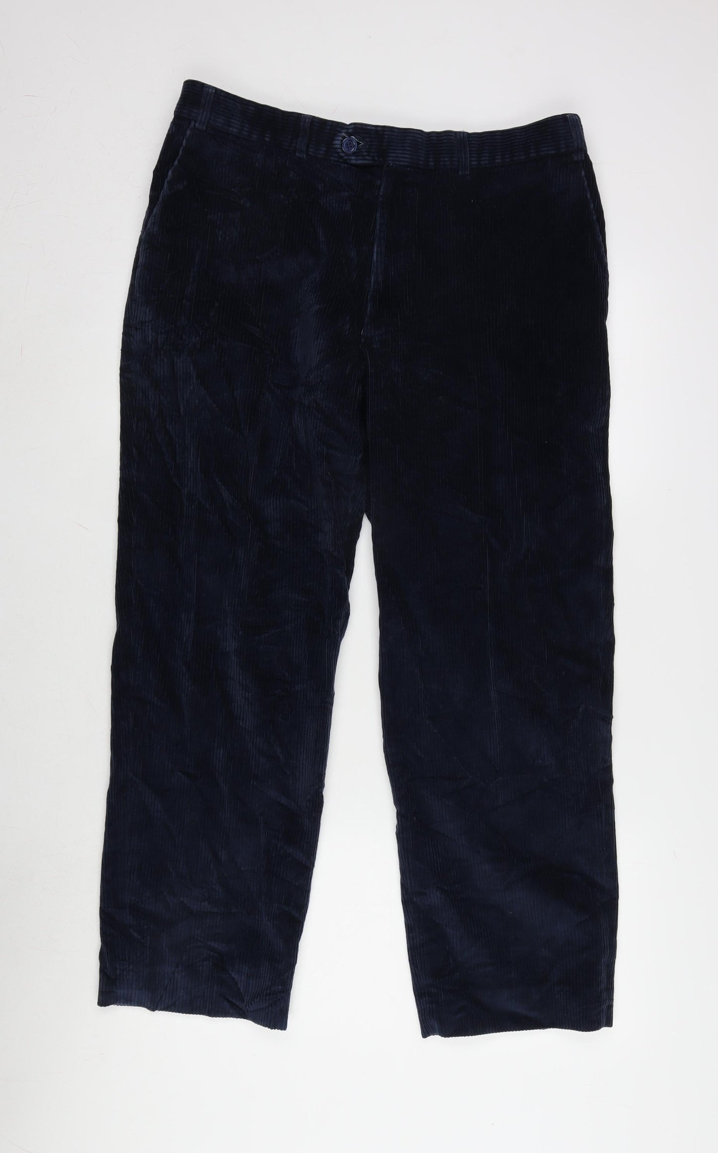 Marks and Spencer Mens Blue Cotton Trousers Size 36 in L28 in Regular Zip