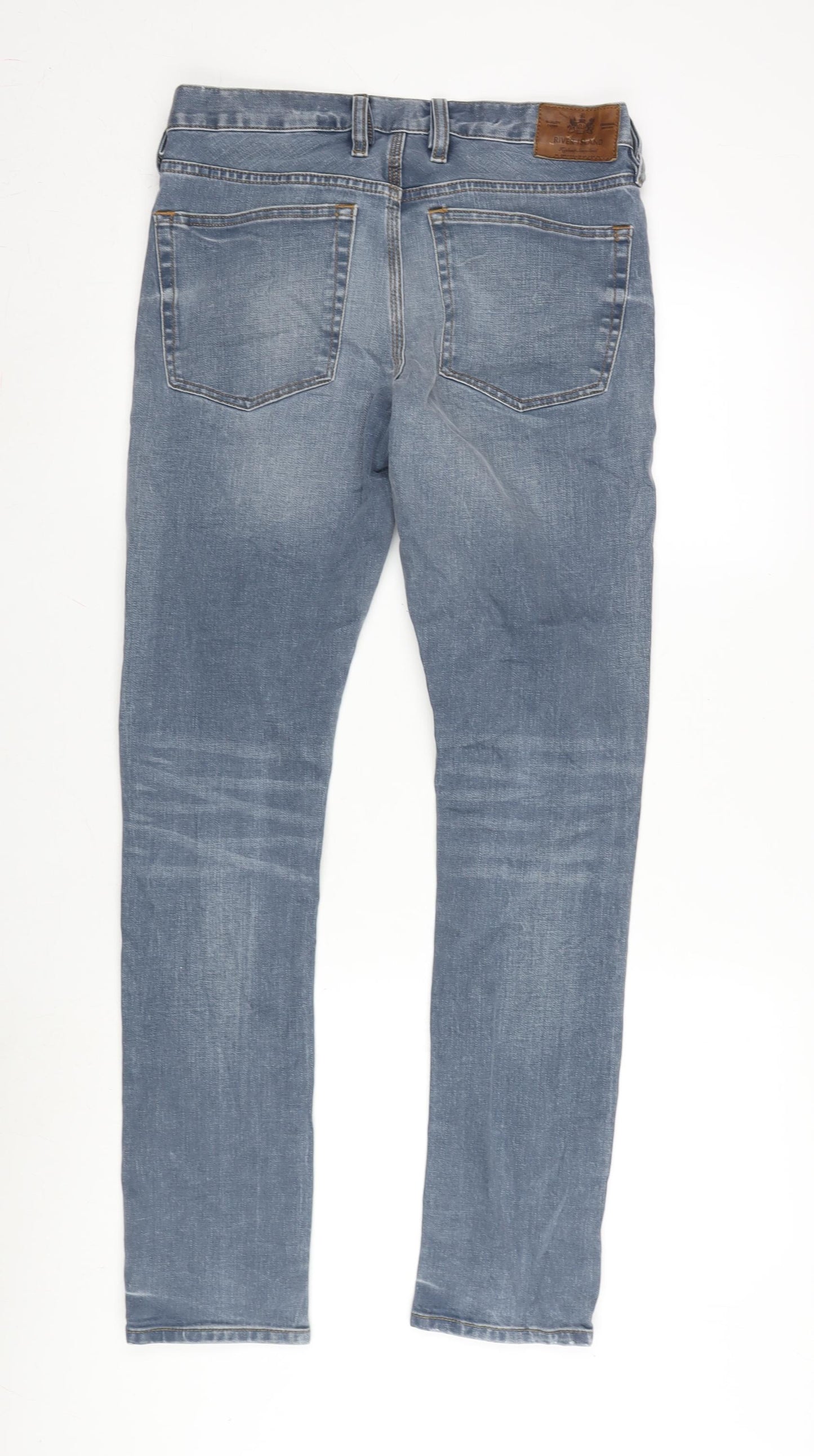 River Island Mens Blue Cotton Blend Straight Jeans Size 30 in L32 in Slim Zip