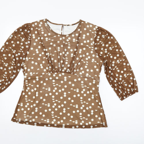 Klass Womens Brown Polka Dot Polyester Basic T-Shirt Size 14 Round Neck