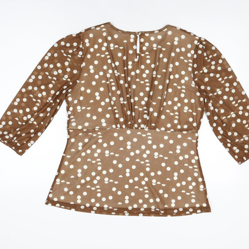 Klass Womens Brown Polka Dot Polyester Basic T-Shirt Size 14 Round Neck