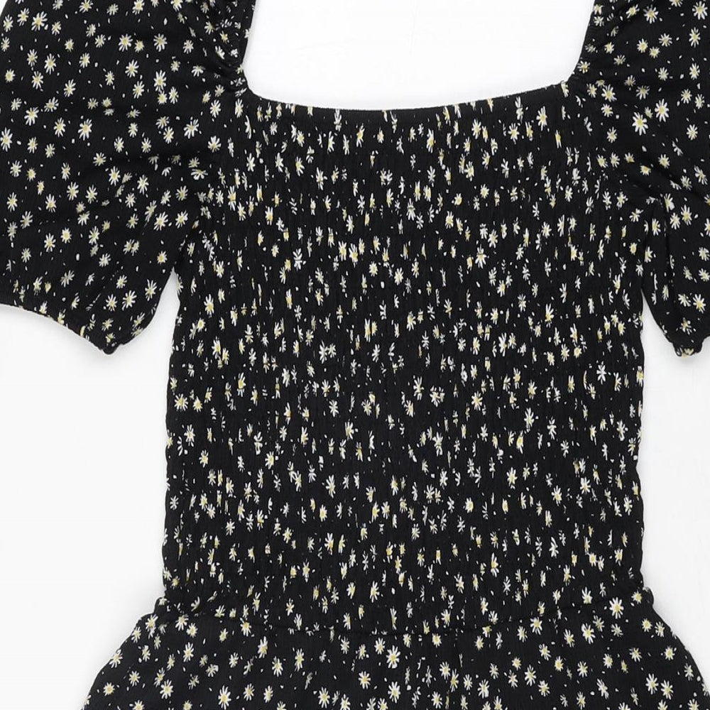 Topshop Womens Black Floral Polyester Mini Size 10 Square Neck Pullover