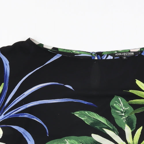 Debenhams Womens Black Floral Polyester Basic Blouse Size 12 Round Neck