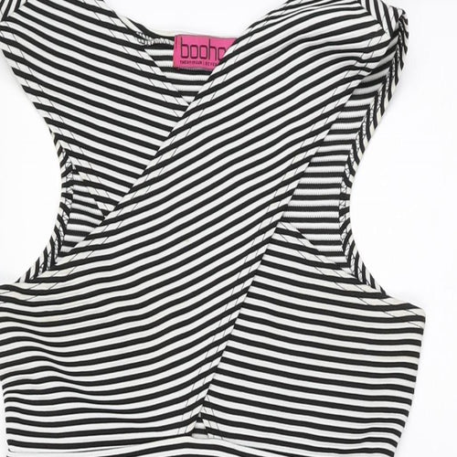 Boohoo Womens White Striped Polyester Bodycon Size 12 V-Neck Pullover