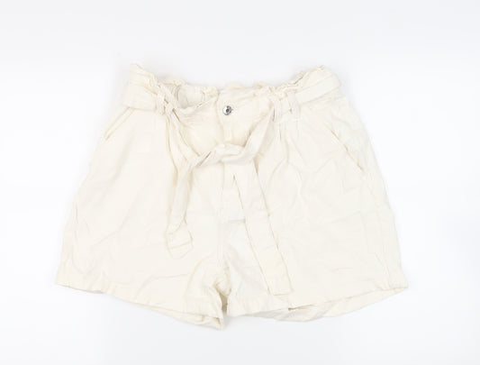 Denim & Co. Womens Ivory Cotton Paperbag Shorts Size 14 L5 in Regular Zip - Belted