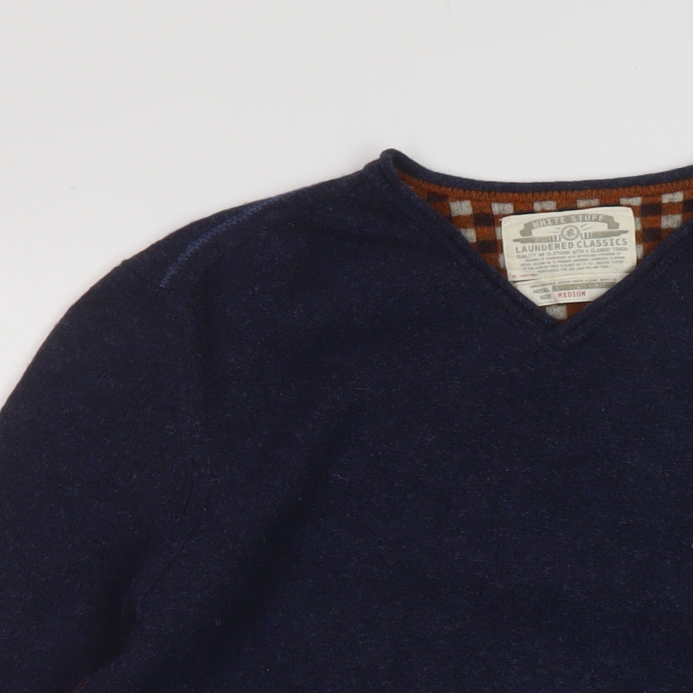 White Stuff Mens Blue V-Neck Wool Pullover Jumper Size M Long Sleeve