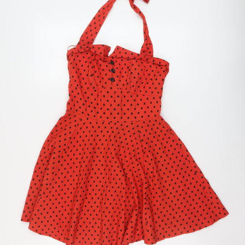 Quiz Womens Red Polka Dot Cotton A-Line Size 12 Halter Zip