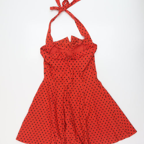 Quiz Womens Red Polka Dot Cotton A-Line Size 12 Halter Zip