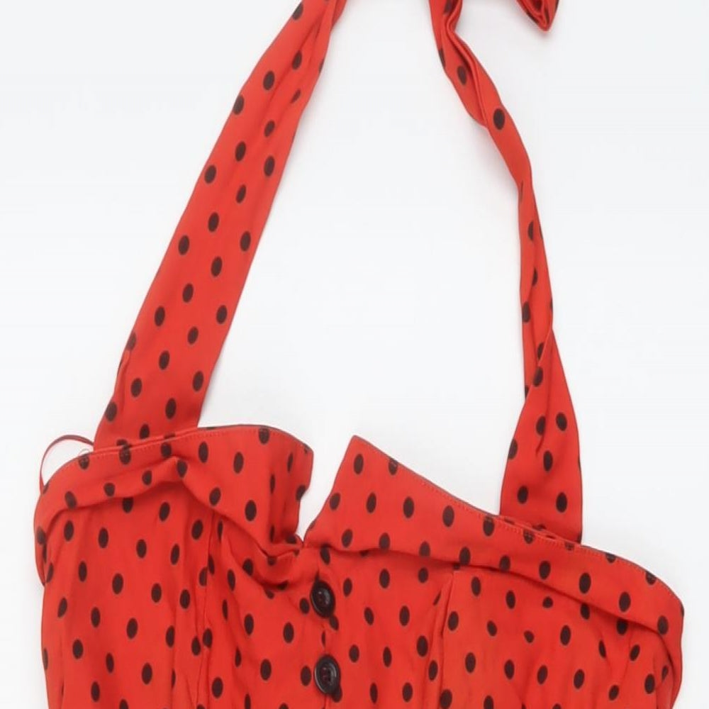 Quiz Womens Red Polka Dot Cotton A-Line Size 12 Halter Zip